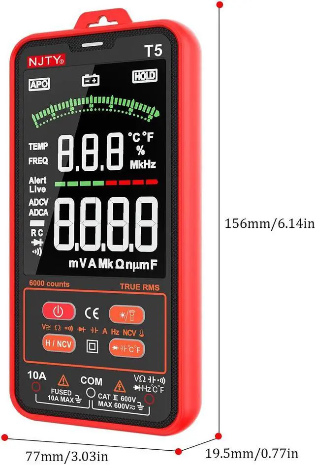 Alt view image 3 of 7 - DURFICST T5 6000 Counts True RMS Digital Multimeter Universal Tester 3.8 inch Large LCD Display Multi-Tester 600V Voltmeter 10A Ammeter AC/DC Voltage and Current Resistance Acitance Temperature