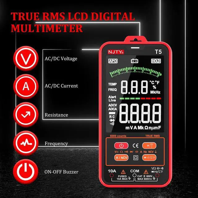 Alt view image 4 of 7 - DURFICST T5 6000 Counts True RMS Digital Multimeter Universal Tester 3.8 inch Large LCD Display Multi-Tester 600V Voltmeter 10A Ammeter AC/DC Voltage and Current Resistance Acitance Temperature