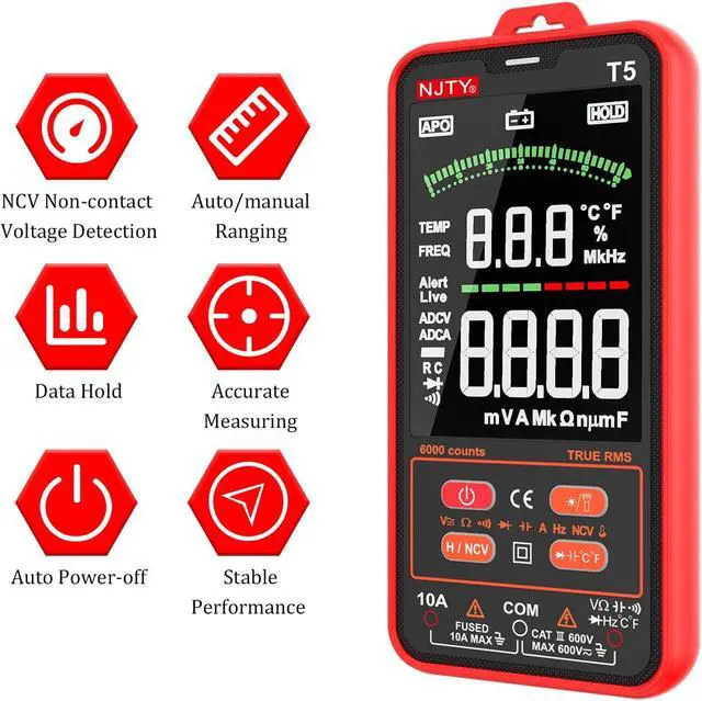 Alt view image 5 of 7 - DURFICST T5 6000 Counts True RMS Digital Multimeter Universal Tester 3.8 inch Large LCD Display Multi-Tester 600V Voltmeter 10A Ammeter AC/DC Voltage and Current Resistance Acitance Temperature