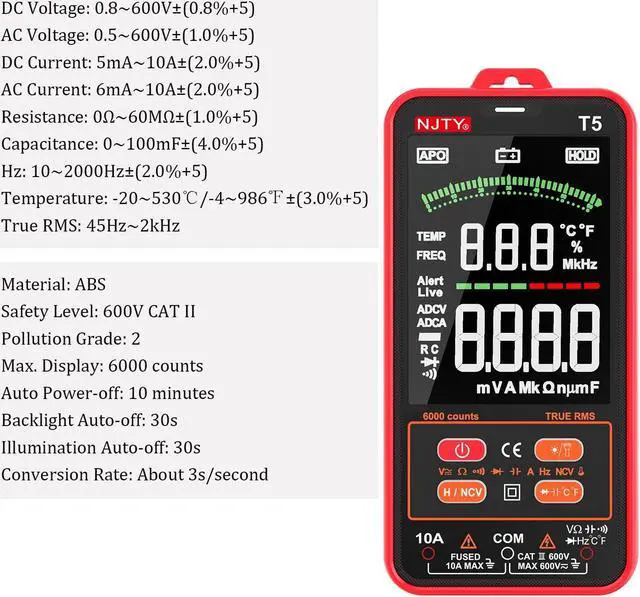 Alt view image 7 of 7 - DURFICST T5 6000 Counts True RMS Digital Multimeter Universal Tester 3.8 inch Large LCD Display Multi-Tester 600V Voltmeter 10A Ammeter AC/DC Voltage and Current Resistance Acitance Temperature