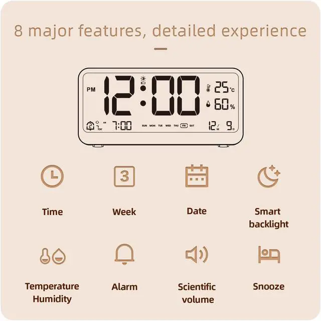 Alt view image 3 of 5 - DURFICST Alarm Clock, 8001-EN Multifunctional Digital Clock, LED Brightness, Adjustable Temperature, Humidity Display, Alarm Clock with Two Alarm Modes, Week, Date and Month Display