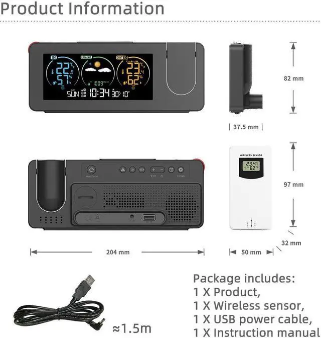 Alt view image 6 of 6 - DURFICST FJ3538 New Electronic Projection Clock Weather Station Weather Forecast Temperature and Humidity Color Screen Digital Alarm Clock