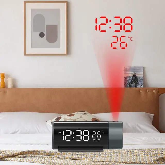 Alt view image 2 of 7 - DURFICST FJ1006A Digital Projection Alarm Clock with Temperature 180° Rotation USB Electronic Table Bedroom Bedside Clocks Snooze Function 3D Wall Clock