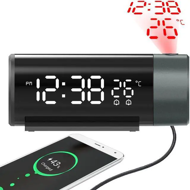 Alt view image 5 of 7 - DURFICST FJ1006A Digital Projection Alarm Clock with Temperature 180° Rotation USB Electronic Table Bedroom Bedside Clocks Snooze Function 3D Wall Clock