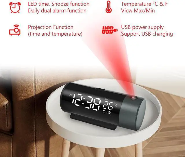Alt view image 4 of 7 - DURFICST FJ1006A Digital Projection Alarm Clock with Temperature 180° Rotation USB Electronic Table Bedroom Bedside Clocks Snooze Function 3D Wall Clock