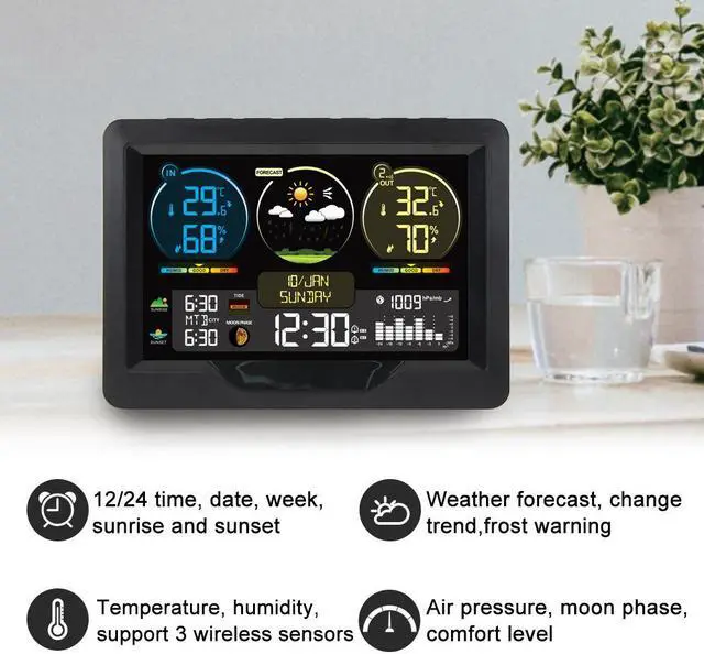 Alt view image 2 of 6 - DURFICST Weather Station, FJ3383M Smart Weather Station with Clock Indoor Outdoor Temperature and Humidity Meter Multifunctional Large Color Screen Weather Clock Temperature Gauge