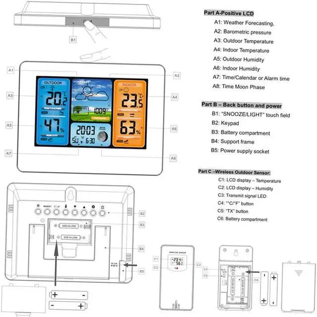 Alt view image 7 of 7 - DURFICST FJ3373 Multifunction Digital Weather Station LCD Alarm Clock Indoor Outdoor Weather Forecast Barometer Thermometer Hygrometer with Wireless Outdoor Sensor USB Power Cord