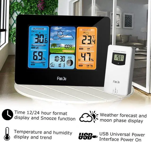 Alt view image 4 of 7 - DURFICST FJ3373 Multifunction Digital Weather Station LCD Alarm Clock Indoor Outdoor Weather Forecast Barometer Thermometer Hygrometer with Wireless Outdoor Sensor USB Power Cord