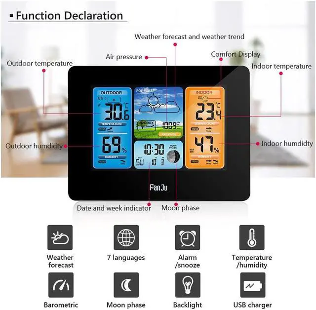 Alt view image 2 of 7 - DURFICST FJ3373 Multifunction Digital Weather Station LCD Alarm Clock Indoor Outdoor Weather Forecast Barometer Thermometer Hygrometer with Wireless Outdoor Sensor USB Power Cord