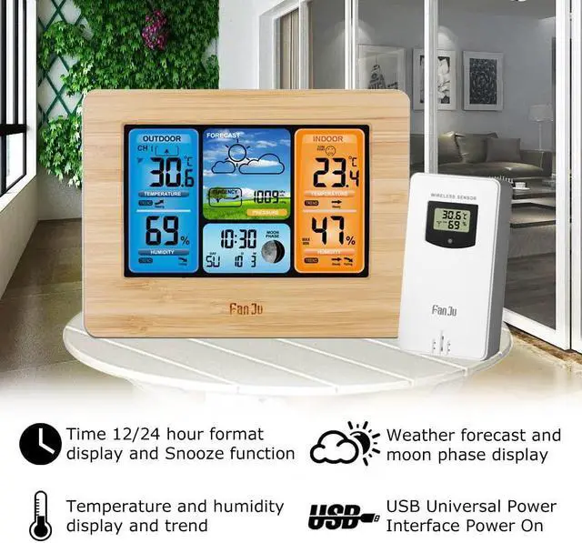 Alt view image 6 of 7 - DURFICST FJ3373 Multifunction Digital Weather Station LCD Alarm Clock Indoor Outdoor Weather Forecast Barometer Thermometer Hygrometer with Wireless Outdoor Sensor USB Power Cord