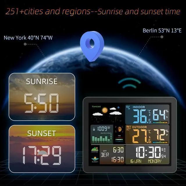 Alt view image 4 of 6 - DURFICST Weather Station, FJ3566M Smart Weather Station with Clock Indoor Outdoor Temperature and Humidity Meter Multifunctional Large Color Screen Weather Clock Temperature Gauge