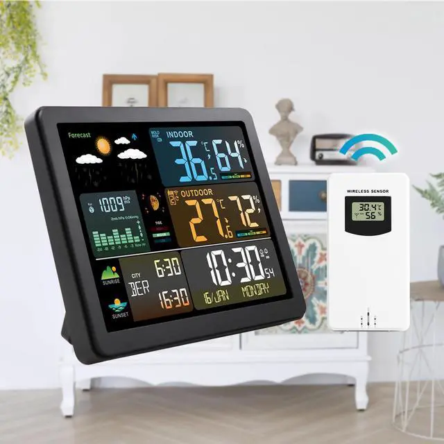 Alt view image 2 of 6 - DURFICST Weather Station, FJ3566M Smart Weather Station with Clock Indoor Outdoor Temperature and Humidity Meter Multifunctional Large Color Screen Weather Clock Temperature Gauge