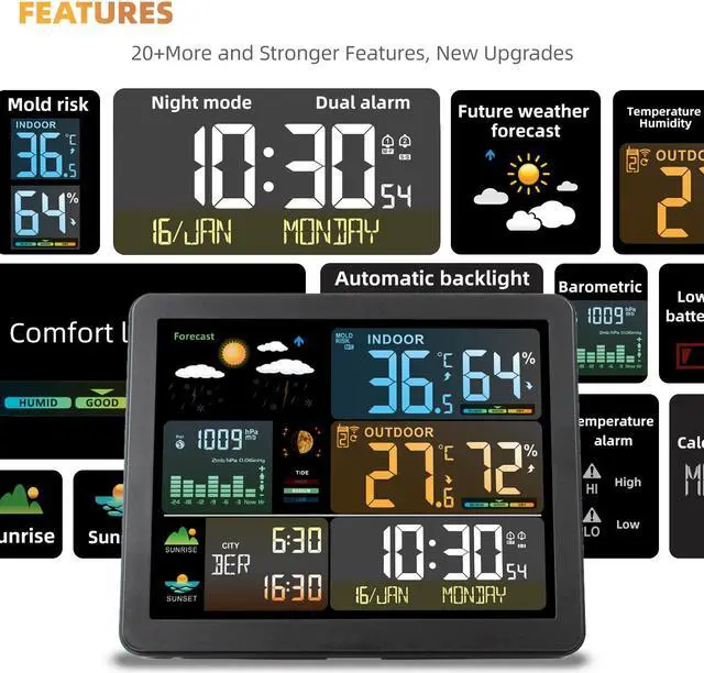 Alt view image 3 of 6 - DURFICST Weather Station, FJ3566M Smart Weather Station with Clock Indoor Outdoor Temperature and Humidity Meter Multifunctional Large Color Screen Weather Clock Temperature Gauge