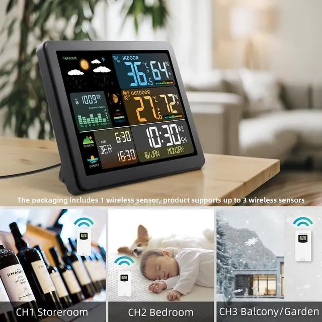 Alt view image 5 of 6 - DURFICST Weather Station, FJ3566M Smart Weather Station with Clock Indoor Outdoor Temperature and Humidity Meter Multifunctional Large Color Screen Weather Clock Temperature Gauge