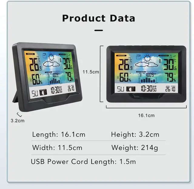 Alt view image 6 of 6 - DURFICST Wireless Weather Station Indoor Outdoor, Digital Thermometer Humidity Monitor Forecast Station with Atomic Clock, Calendar and Adjustable Backlight for Home