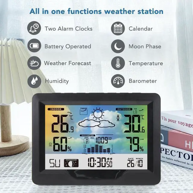 Alt view image 3 of 6 - DURFICST Wireless Weather Station Indoor Outdoor, Digital Thermometer Humidity Monitor Forecast Station with Atomic Clock, Calendar and Adjustable Backlight for Home