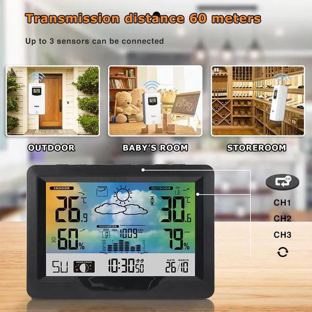 Alt view image 5 of 6 - DURFICST Wireless Weather Station Indoor Outdoor, Digital Thermometer Humidity Monitor Forecast Station with Atomic Clock, Calendar and Adjustable Backlight for Home