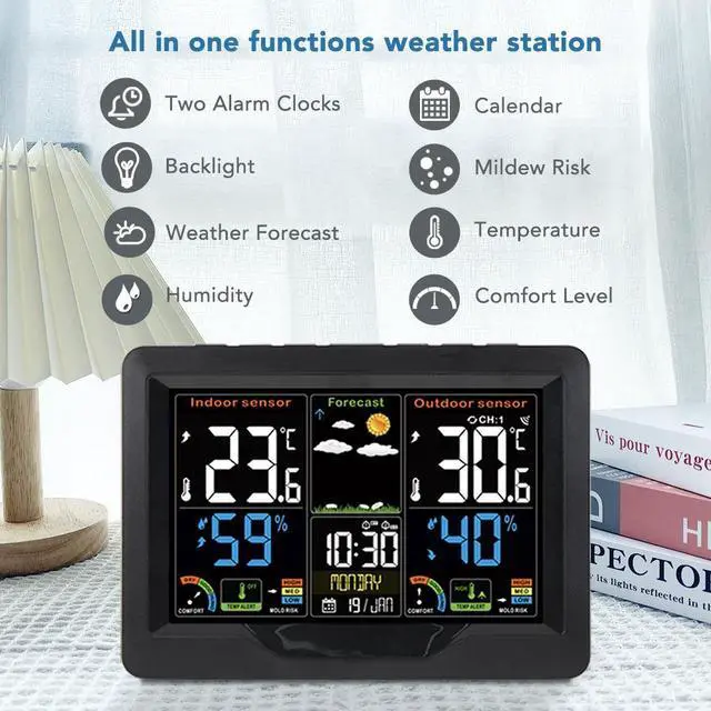 Alt view image 2 of 7 - DURFICST FJ3383C Color Display Weather Station, Digital Clock, Barometer, Thermometer, Hygrometer, Outdoor Sensor with Trend, Mold Risk