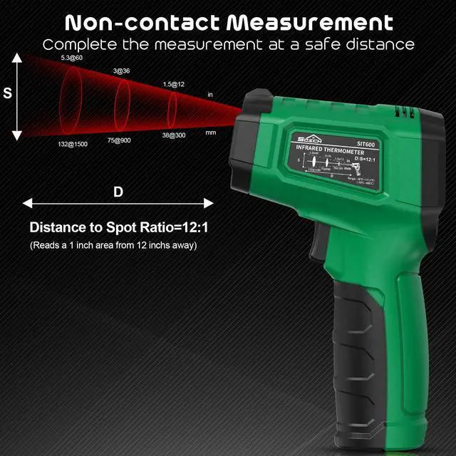 Alt view image 6 of 7 - SQECH Infrared Thermometer Gun,Laser Thermometer Gun -58~1112(-50~600) ,Non-Contact Temperature Gun with Adjustable Emissivity&Color Backlight for Cooking, Pizza Oven,BBQ,Fridge,Engine,HVAC(Green)