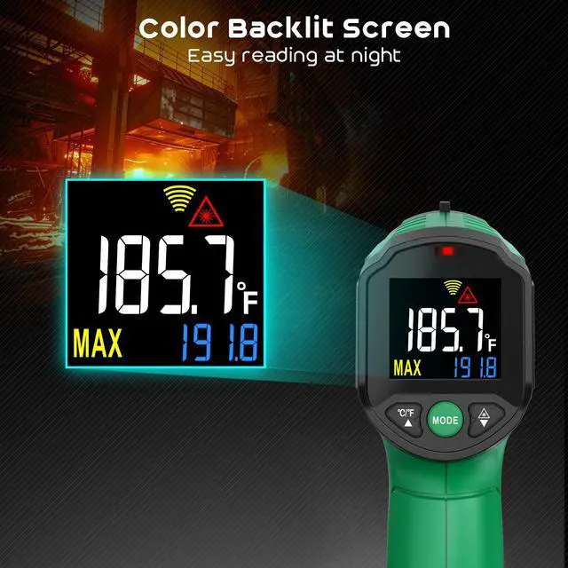 Alt view image 3 of 7 - SQECH Infrared Thermometer Gun,Laser Thermometer Gun -58~1112(-50~600) ,Non-Contact Temperature Gun with Adjustable Emissivity&Color Backlight for Cooking, Pizza Oven,BBQ,Fridge,Engine,HVAC(Green)