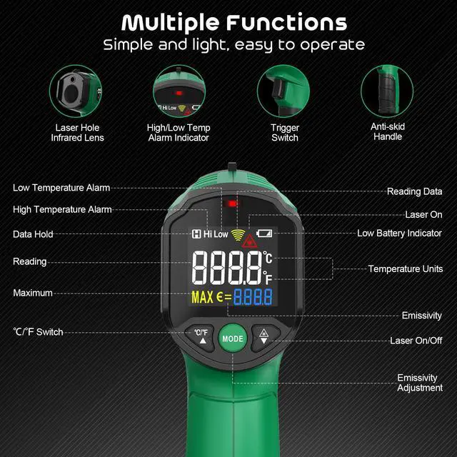 Alt view image 2 of 7 - SQECH Infrared Thermometer Gun,Laser Thermometer Gun -58~1112(-50~600) ,Non-Contact Temperature Gun with Adjustable Emissivity&Color Backlight for Cooking, Pizza Oven,BBQ,Fridge,Engine,HVAC(Green)