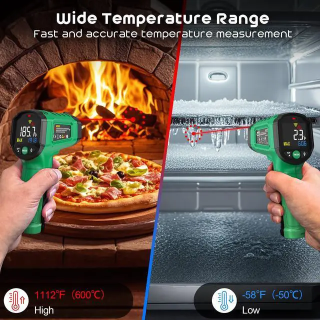 Alt view image 4 of 7 - SQECH Infrared Thermometer Gun,Laser Thermometer Gun -58~1112(-50~600) ,Non-Contact Temperature Gun with Adjustable Emissivity&Color Backlight for Cooking, Pizza Oven,BBQ,Fridge,Engine,HVAC(Green)