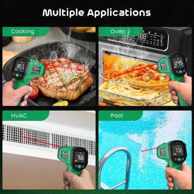 Alt view image 7 of 7 - SQECH Infrared Thermometer Gun,Laser Thermometer Gun -58~1112(-50~600) ,Non-Contact Temperature Gun with Adjustable Emissivity&Color Backlight for Cooking, Pizza Oven,BBQ,Fridge,Engine,HVAC(Green)