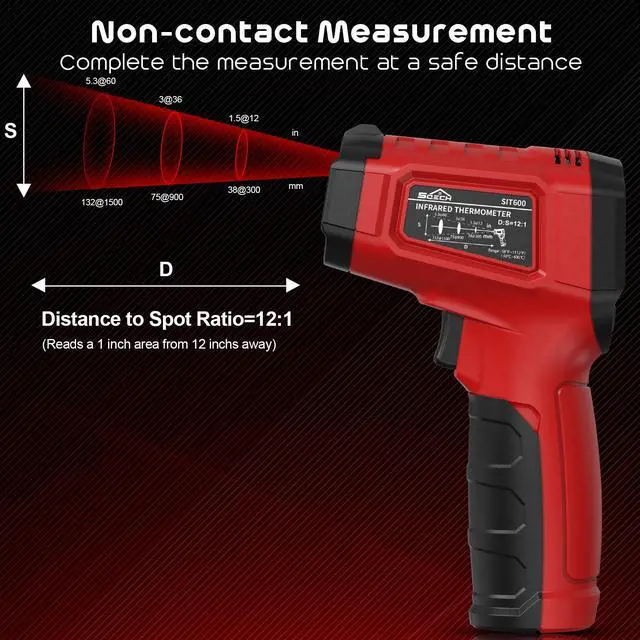 Alt view image 6 of 7 - SQECH Infrared Thermometer Gun,Laser Thermometer Gun -58~1112(-50~600) ,Non-Contact Temperature Gun with Adjustable Emissivity&Color Backlight for Cooking, Pizza Oven,BBQ,Fridge,Engine,HVAC(Red)