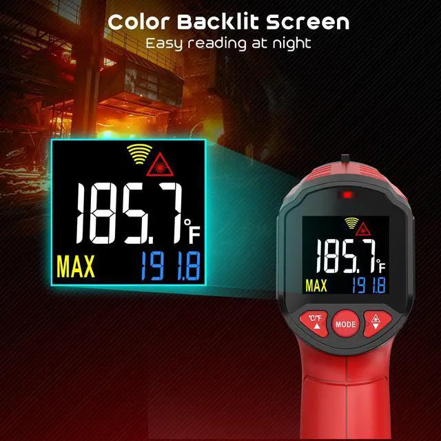 Alt view image 3 of 7 - SQECH Infrared Thermometer Gun,Laser Thermometer Gun -58~1112(-50~600) ,Non-Contact Temperature Gun with Adjustable Emissivity&Color Backlight for Cooking, Pizza Oven,BBQ,Fridge,Engine,HVAC(Red)