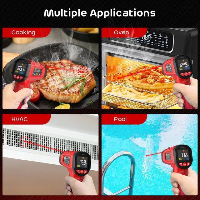 Alt view image 7 of 7 - SQECH Infrared Thermometer Gun,Laser Thermometer Gun -58~1112(-50~600) ,Non-Contact Temperature Gun with Adjustable Emissivity&Color Backlight for Cooking, Pizza Oven,BBQ,Fridge,Engine,HVAC(Red)