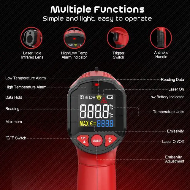 Alt view image 2 of 7 - SQECH Infrared Thermometer Gun,Laser Thermometer Gun -58~1112(-50~600) ,Non-Contact Temperature Gun with Adjustable Emissivity&Color Backlight for Cooking, Pizza Oven,BBQ,Fridge,Engine,HVAC(Red)