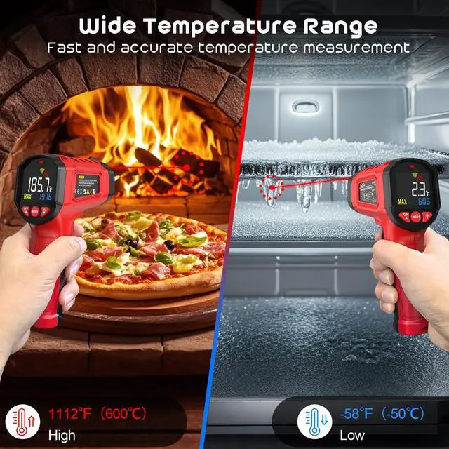 Alt view image 4 of 7 - SQECH Infrared Thermometer Gun,Laser Thermometer Gun -58~1112(-50~600) ,Non-Contact Temperature Gun with Adjustable Emissivity&Color Backlight for Cooking, Pizza Oven,BBQ,Fridge,Engine,HVAC(Red)