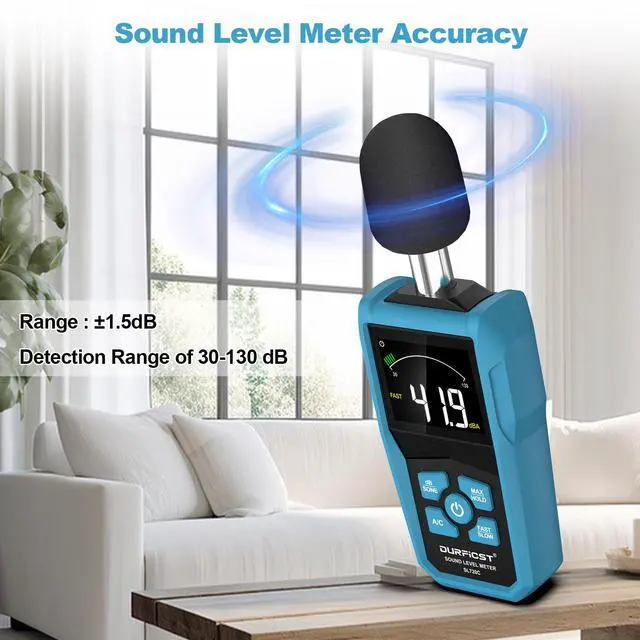 Alt view image 6 of 7 - DURFICST Decibel Meter, Sound Level Meter, Portable Level Meter, dB/SONE Units Fast Switching, with LCD Colour Screen, Backlight, A/C Counterweight, Sound meter for home and construction sites
