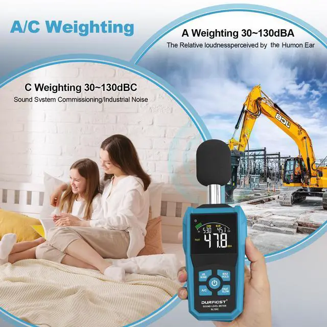 Alt view image 7 of 7 - DURFICST Decibel Meter, Sound Level Meter, Portable Level Meter, dB/SONE Units Fast Switching, with LCD Colour Screen, Backlight, A/C Counterweight, Sound meter for home and construction sites