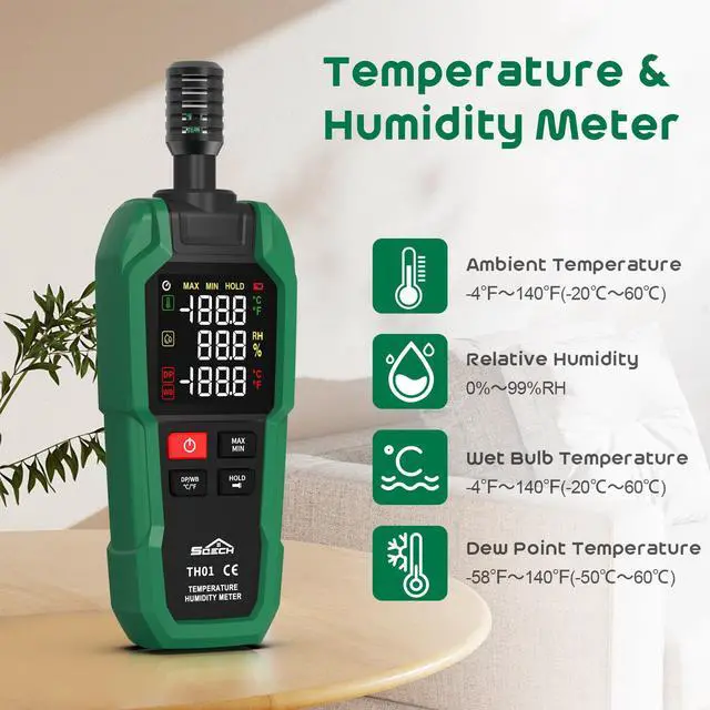Alt view image 2 of 7 - SQECH Temperature Humidity Meter,High Precision Digital Hygrometer with Ambient, Relative Humidity,Dew Point,Wet Bulb,Thermometer Hygrometer with Color Backlight & Flashlight,Max/Min,Data Hold