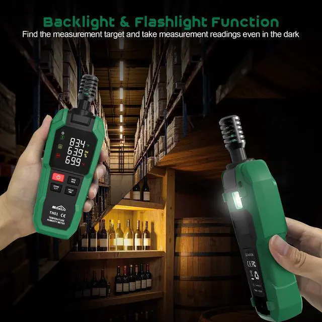 Alt view image 3 of 7 - SQECH Temperature Humidity Meter,High Precision Digital Hygrometer with Ambient, Relative Humidity,Dew Point,Wet Bulb,Thermometer Hygrometer with Color Backlight & Flashlight,Max/Min,Data Hold
