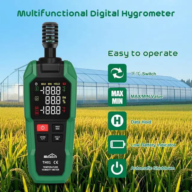 Alt view image 6 of 7 - SQECH Temperature Humidity Meter,High Precision Digital Hygrometer with Ambient, Relative Humidity,Dew Point,Wet Bulb,Thermometer Hygrometer with Color Backlight & Flashlight,Max/Min,Data Hold