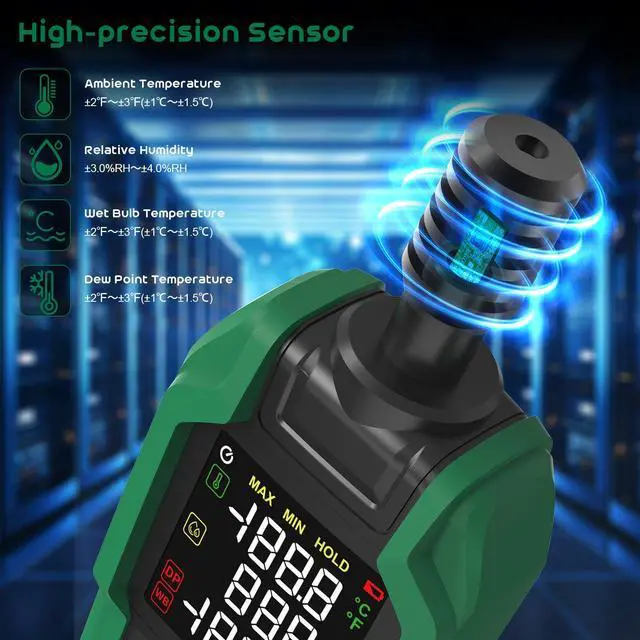 Alt view image 5 of 7 - SQECH Temperature Humidity Meter,High Precision Digital Hygrometer with Ambient, Relative Humidity,Dew Point,Wet Bulb,Thermometer Hygrometer with Color Backlight & Flashlight,Max/Min,Data Hold