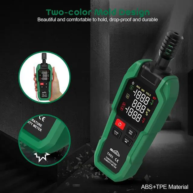 Alt view image 4 of 7 - SQECH Temperature Humidity Meter,High Precision Digital Hygrometer with Ambient, Relative Humidity,Dew Point,Wet Bulb,Thermometer Hygrometer with Color Backlight & Flashlight,Max/Min,Data Hold