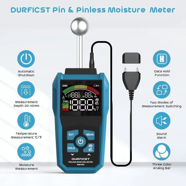 Alt view image 2 of 7 - DURFICST Moisture Meter, Moisture Meter Wall, Pin&Pinless Moisture Meter with Color LCD and Acoustic Alarm, Detects 20-40 mm Walls, Wood, Masonry, Concrete and Other Building Materials