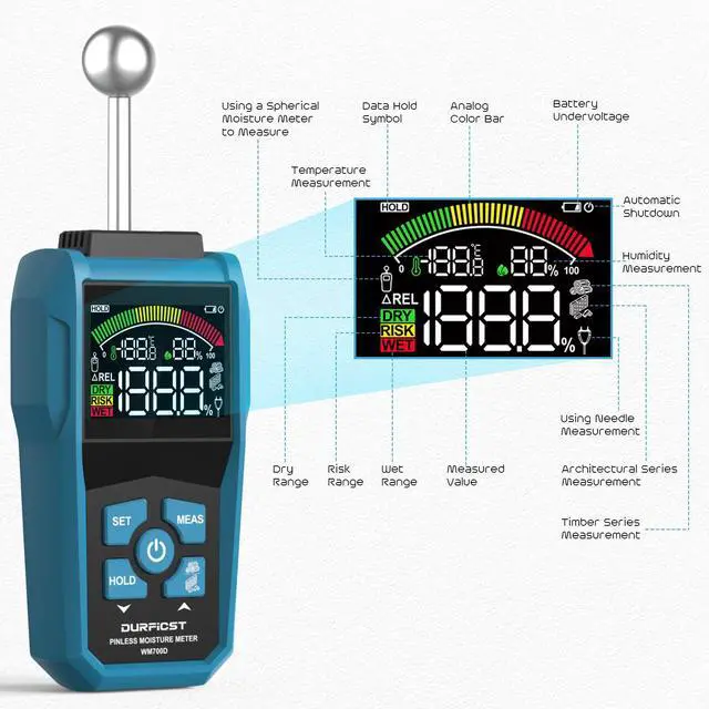 Alt view image 3 of 7 - DURFICST Moisture Meter, Moisture Meter Wall, Pin&Pinless Moisture Meter with Color LCD and Acoustic Alarm, Detects 20-40 mm Walls, Wood, Masonry, Concrete and Other Building Materials