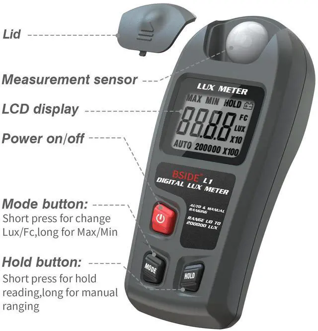Alt view image 5 of 7 - DURFICST L1 Digital Lux Meter Auto Ranging Light Meters 0-200,000 Lux Data Hold Handheld Photometer for Gardening Photography Plants Grow Lamp Ambient Light