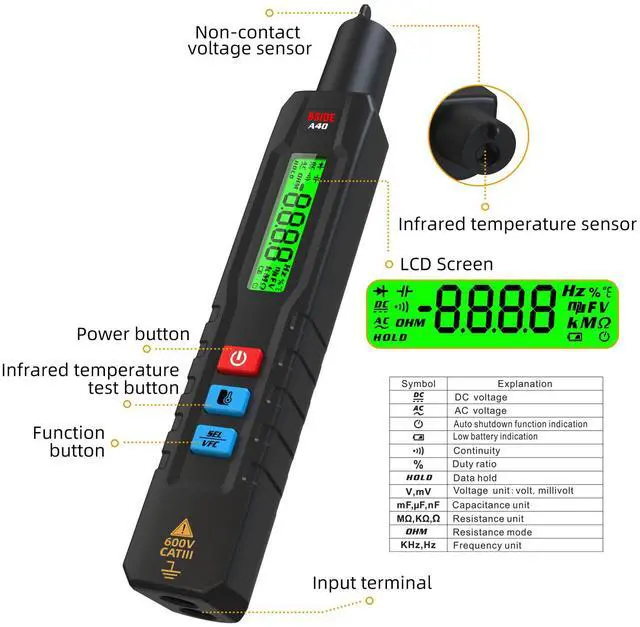 Alt view image 6 of 6 - DURFICST A40 Electric Voltage Tester with Infrared Thermometer Non-Contact Voltage Detector Pen Automatic Multimeter with VFC and Case