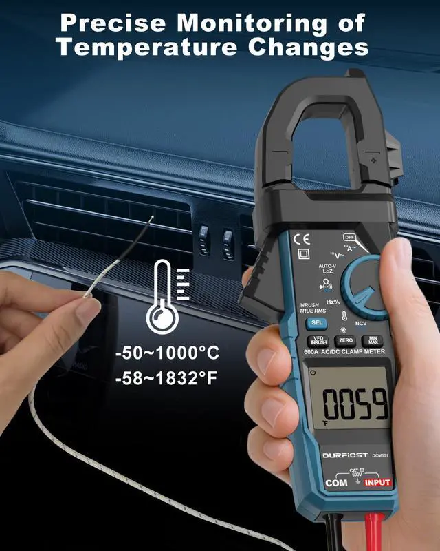 Alt view image 5 of 7 - DURFICST Clamp Meter Digital Inrush Clamp Multimeter AC/DC 600A 6000 Counts Amp Voltage Tester with VFD, LOZ Mode,Measures AC/DC Current Voltage NCV Temperature Resistance Capacitance Frequency