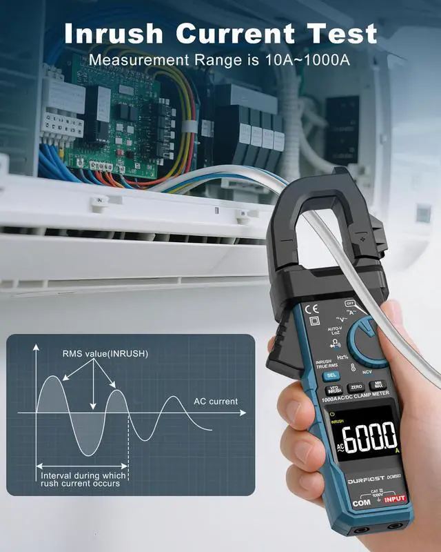 Alt view image 4 of 7 - DURFICST Clamp Meter  Digital Inrush Clamp Multimeter AC/DC 1000A 6000 Counts Amp Voltage Tester with VFD, LOZ Mode,Measures AC/DC Current Voltage NCV Temperature Resistance Capacitance Frequency