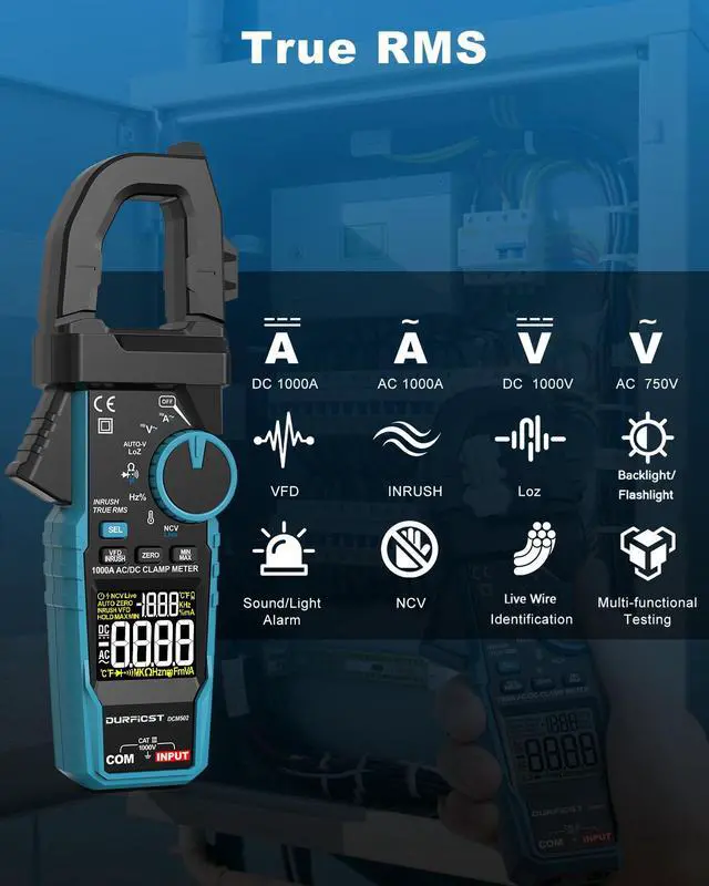 Alt view image 2 of 7 - DURFICST Clamp Meter  Digital Inrush Clamp Multimeter AC/DC 1000A 6000 Counts Amp Voltage Tester with VFD, LOZ Mode,Measures AC/DC Current Voltage NCV Temperature Resistance Capacitance Frequency