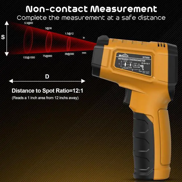 Alt view image 3 of 7 - Infrared Thermometer Gun,SQECH Laser Thermometer Gun -58~1112(-50~600),Non-Contact Temperature Gun with Adjustable Emissivity&Color Backlight for Cooking, Pizza Oven,BBQ,Fridge,Engine,HVAC(Yellow)