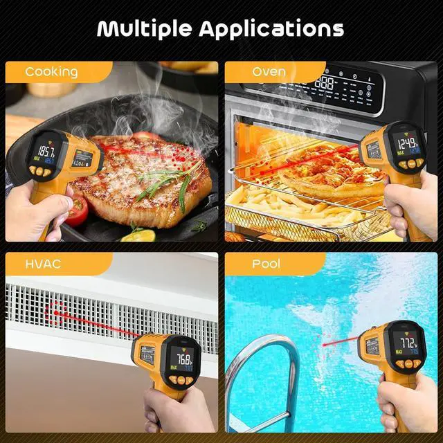 Alt view image 2 of 7 - Infrared Thermometer Gun,SQECH Laser Thermometer Gun -58~1112(-50~600),Non-Contact Temperature Gun with Adjustable Emissivity&Color Backlight for Cooking, Pizza Oven,BBQ,Fridge,Engine,HVAC(Yellow)