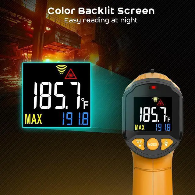 Alt view image 4 of 7 - Infrared Thermometer Gun,SQECH Laser Thermometer Gun -58~1112(-50~600),Non-Contact Temperature Gun with Adjustable Emissivity&Color Backlight for Cooking, Pizza Oven,BBQ,Fridge,Engine,HVAC(Yellow)