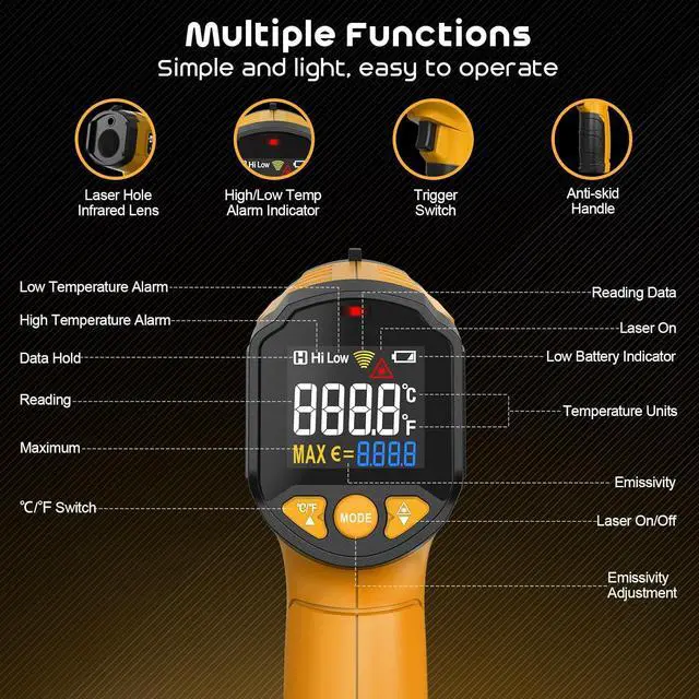 Alt view image 6 of 7 - Infrared Thermometer Gun,SQECH Laser Thermometer Gun -58~1112(-50~600),Non-Contact Temperature Gun with Adjustable Emissivity&Color Backlight for Cooking, Pizza Oven,BBQ,Fridge,Engine,HVAC(Yellow)